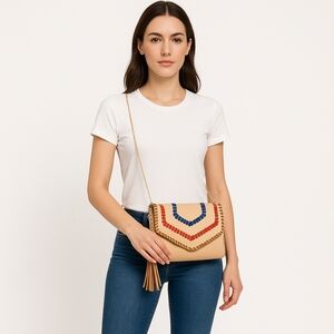 3AM Forever Women's Beige Clutch w Red Brown & Blue Accents